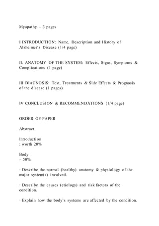 Myopathy – 3 pagesI INTRODUCTION Name, Description and Histor | PDF