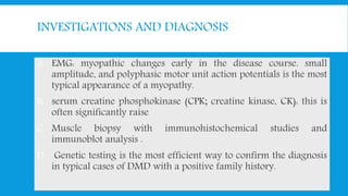 INVESTIGATIONS AND DIAGNOSIS
A. EMG: myopathic changes early in the disease course. small
amplitude, and polyphasic motor unit action potentials is the most
typical appearance of a myopathy.
B. serum creatine phosphokinase (CPK; creatine kinase, CK): this is
often significantly raise
C. Muscle biopsy with immunohistochemical studies and
immunoblot analysis .
D. Genetic testing is the most efficient way to confirm the diagnosis
in typical cases of DMD with a positive family history.
 