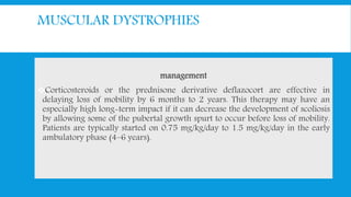 MUSCULAR DYSTROPHIES
management
Corticosteroids or the prednisone derivative deflazocort are effective in
delaying loss of mobility by 6 months to 2 years. This therapy may have an
especially high long-term impact if it can decrease the development of scoliosis
by allowing some of the pubertal growth spurt to occur before loss of mobility.
Patients are typically started on 0.75 mg/kg/day to 1.5 mg/kg/day in the early
ambulatory phase (4–6 years).
 