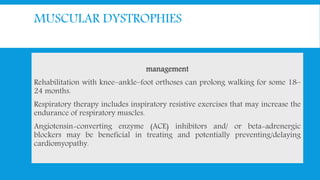 MUSCULAR DYSTROPHIES
management
Rehabilitation with knee–ankle–foot orthoses can prolong walking for some 18–
24 months.
Respiratory therapy includes inspiratory resistive exercises that may increase the
endurance of respiratory muscles.
Angiotensin-converting enzyme (ACE) inhibitors and/ or beta-adrenergic
blockers may be beneficial in treating and potentially preventing/delaying
cardiomyopathy.
 