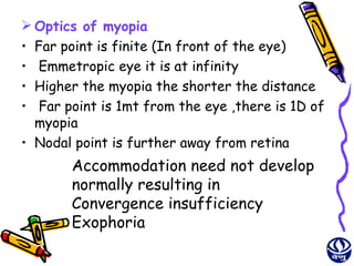  Optics of myopia
• Far point is finite (In front of the eye)
• Emmetropic eye it is at infinity
• Higher the myopia the shorter the distance
• Far point is 1mt from the eye ,there is 1D of
  myopia
• Nodal point is further away from retina
       Accommodation need not develop
       normally resulting in
       Convergence insufficiency
       Exophoria
                                                  5
 
