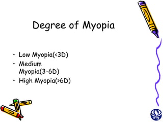 Degree of Myopia

• Low Myopia(<3D)
• Medium
  Myopia(3-6D)
• High Myopia(>6D)




                         8
 