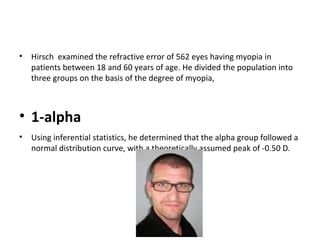 •

Hirsch examined the refractive error of 562 eyes having myopia in
patients between 18 and 60 years of age. He divided the population into
three groups on the basis of the degree of myopia,

• 1-alpha
•

Using inferential statistics, he determined that the alpha group followed a
normal distribution curve, with a theoretically assumed peak of -0.50 D.

 