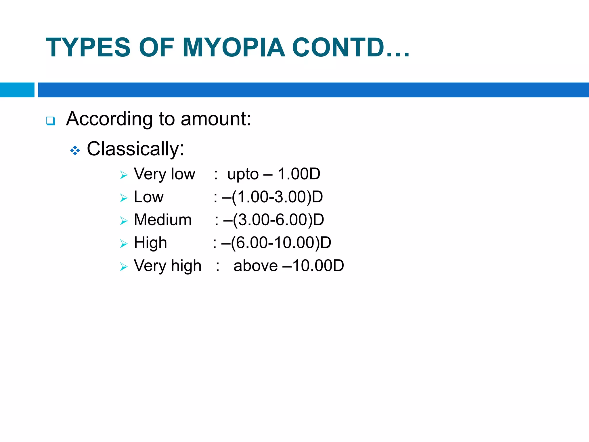TYPES OF MYOPIA CONTD…
 According to amount:
 Classically:
 Very low : upto – 1.00D
 Low : –(1.00-3.00)D
 Medium : –(3.00-6.00)D
 High : –(6.00-10.00)D
 Very high : above –10.00D
 