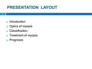 PRESENTATION LAYOUT
2
 Introduction
 Optics of myopia
 Classification
 Treatment of myopia
 Prognosis
 