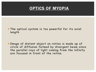 OPTICS OF MYOPIA
 The optical system is too powerful for its axial
length
 Image of distant object on retina is made up of
circle of diffusion formed by divergent beam since
the parallel rays of light coming from the infinity
are focused in front of the retina
 