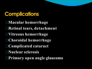 Complications
Macular hemorrhage
Retinal tears, detachment
Vitreous hemorrhage
Choroidal hemorrhage
Complicated cataract
Nuclear sclerosis
Primary open angle glaucoma
 