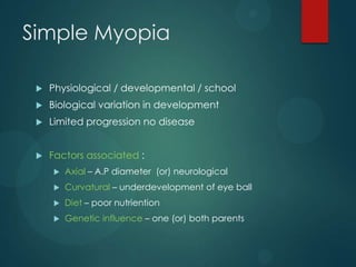 Simple Myopia


Physiological / developmental / school



Biological variation in development



Limited progression no disease



Factors associated :


Axial – A.P diameter (or) neurological



Curvatural – underdevelopment of eye ball



Diet – poor nutriention



Genetic influence – one (or) both parents

 