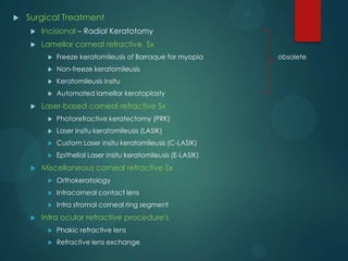 

Surgical Treatment


Incisional – Radial Keratotomy



Lamellar corneal refractive Sx



Non-freeze keratomileusis



Keratomileusis insitu





Freeze keratomileusis of Barraque for myopia

Automated lamellar keratoplasty

Laser-based corneal refractive Sx



Laser insitu keratomileusis (LASIK)



Custom Laser insitu keratomileusis (C-LASIK)





Photorefractive keratectomy (PRK)

Epithelial Laser insitu keratomileusis (E-LASIK)

Miscellaneous corneal refractive Sx



Intracorneal contact lens





Orthokeratology
Intra stromal corneal ring segment

Intra ocular refractive procedure's


Phakic refractive lens



Refractive lens exchange

obsolete

 