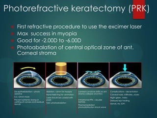 Photorefractive keratectomy (PRK)
First refractive procedure to use the excimer laser
 Max success in myopia
 Good for -2.00D to -6.00D
 Photoabalation of central optical zone of ant.
Corneal stroma


De-epithelialzation – photo
ablative

Ablation – 6mm for myopia

0.5.1.0mm more

Laser should be coaxial with
pupil

Prevent extreme drying or
wetting of cornea and residual
islands

Hand held ring for centration

Toric photoabalation

corneal curvature shifts as ant
stroma collapse and thins
Intrastromal PPk – double
NdYAG
Plasmamediated
photodistribution shock wave

Complications – decentation
Corneal haze, infiltrates, ulcers
Night glare , halos
Delayed epi healing
Islands, Hx, IOP↑

 