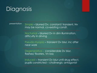 Diagnosis
presentation

Simple – blurred Dv, constant/ transient, Nv
may be normal, co-existing condt.
Nocturnal – blurred Dv in dim illumination,
difficulty in driving
Pseudo myopia – transient Dv blur, inc after
near work
Degenerative - considerable Dv blur,
flashes/ floaters, Vn loss
Induced – transient Dv blur until drug effect,
pupils constricted – cholinergic antagonist

 