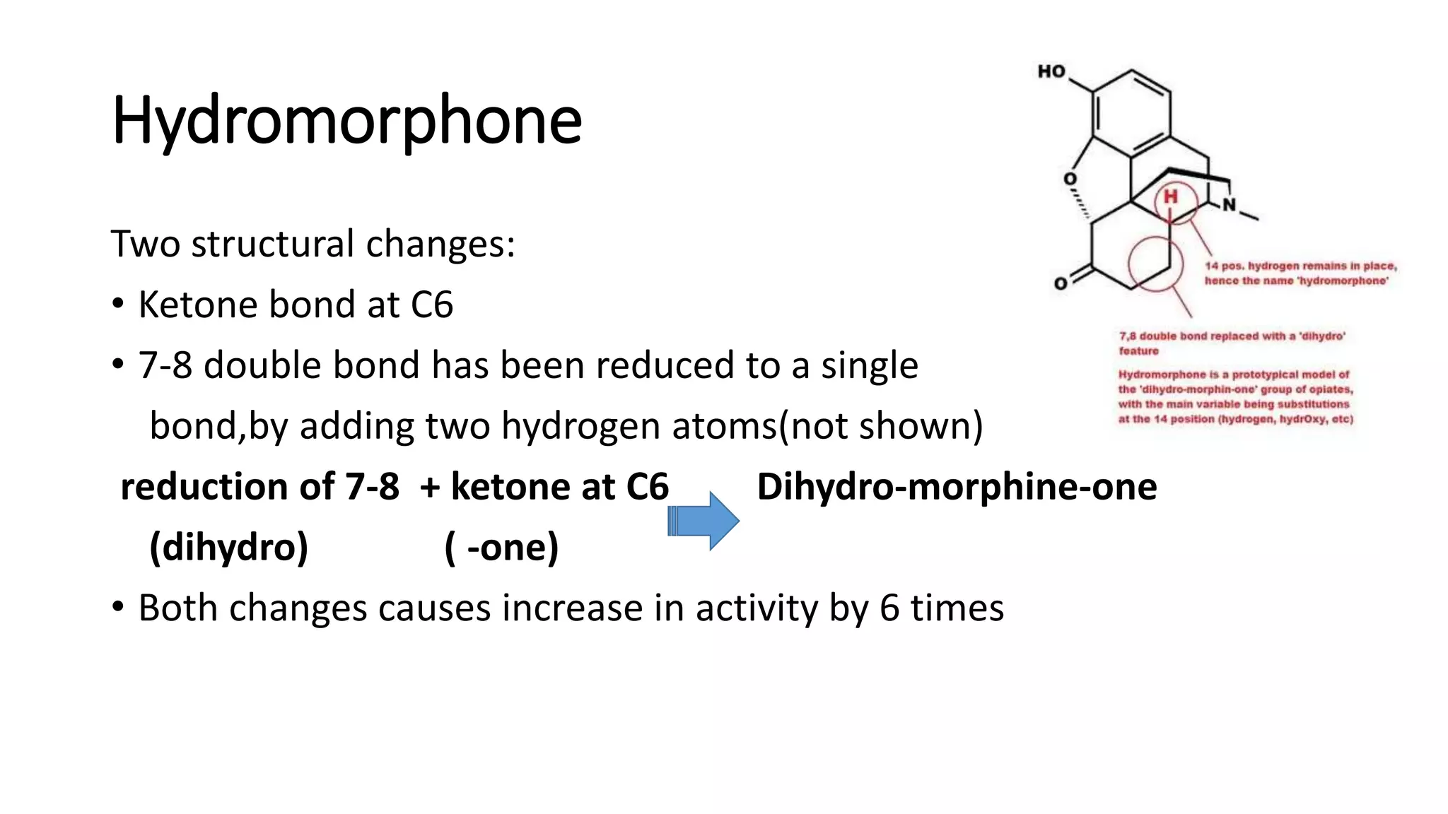Hydromorphone
Two structural changes:
• Ketone bond at C6
• 7-8 double bond has been reduced to a single
bond,by adding two hydrogen atoms(not shown)
reduction of 7-8 + ketone at C6 Dihydro-morphine-one
(dihydro) ( -one)
• Both changes causes increase in activity by 6 times
 