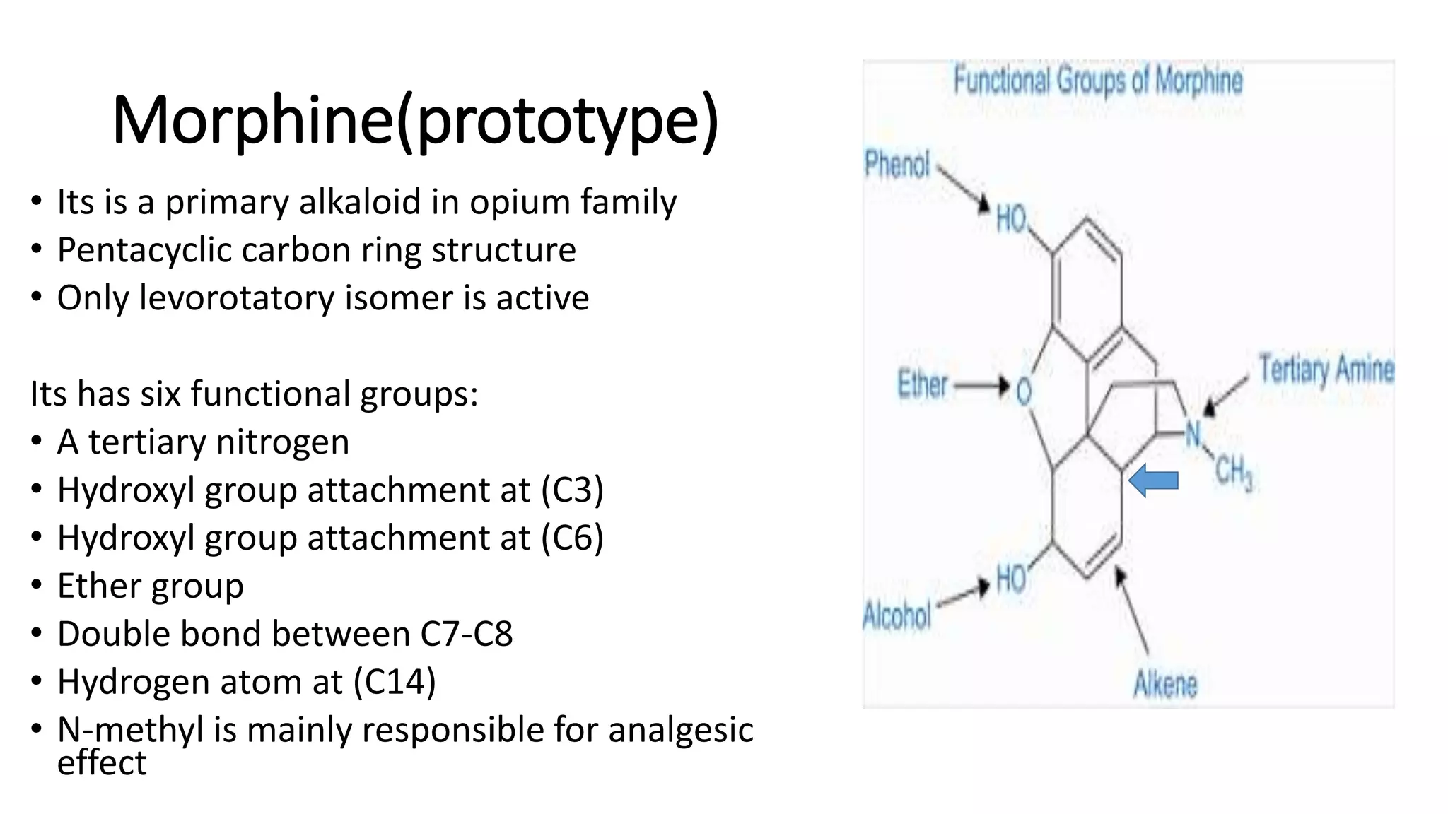 Morphine(prototype)
• Its is a primary alkaloid in opium family
• Pentacyclic carbon ring structure
• Only levorotatory isomer is active
Its has six functional groups:
• A tertiary nitrogen
• Hydroxyl group attachment at (C3)
• Hydroxyl group attachment at (C6)
• Ether group
• Double bond between C7-C8
• Hydrogen atom at (C14)
• N-methyl is mainly responsible for analgesic
effect
 