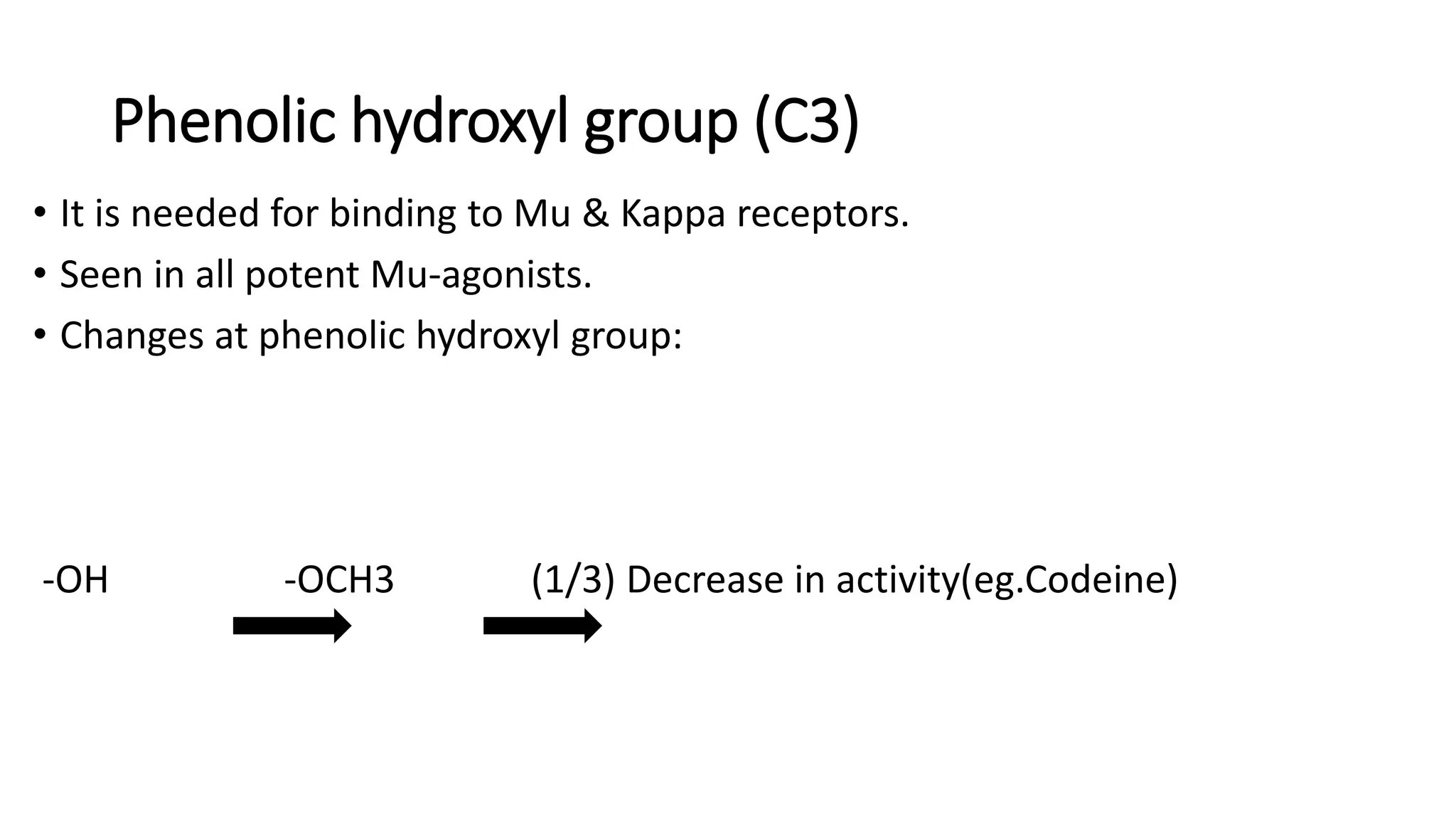 Phenolic hydroxyl group (C3)
• It is needed for binding to Mu & Kappa receptors.
• Seen in all potent Mu-agonists.
• Changes at phenolic hydroxyl group:
-OH -OCH3 (1/3) Decrease in activity(eg.Codeine)
 