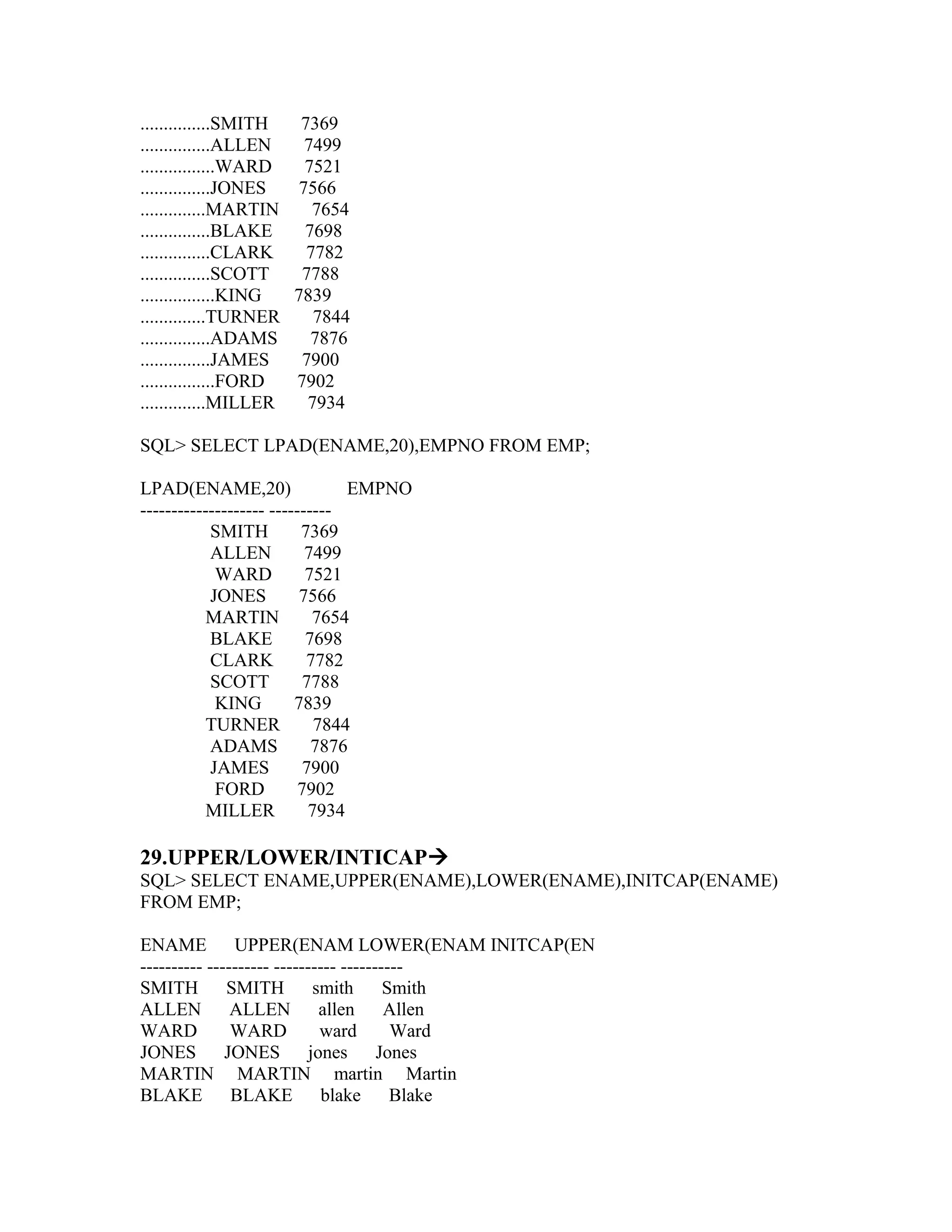 ...............SMITH  7369
...............ALLEN  7499
................WARD  7521
...............JONES 7566
..............MARTIN    7654
...............BLAKE  7698
...............CLARK   7782
...............SCOTT  7788
................KING 7839
..............TURNER    7844
...............ADAMS   7876
...............JAMES  7900
................FORD 7902
..............MILLER   7934

SQL> SELECT LPAD(ENAME,20),EMPNO FROM EMP;

LPAD(ENAME,20)                   EMPNO
-------------------- ----------
           SMITH          7369
           ALLEN           7499
            WARD           7521
           JONES          7566
           MARTIN           7654
           BLAKE           7698
           CLARK           7782
           SCOTT           7788
            KING         7839
           TURNER            7844
           ADAMS            7876
           JAMES           7900
            FORD          7902
           MILLER           7934

29.UPPER/LOWER/INTICAP
SQL> SELECT ENAME,UPPER(ENAME),LOWER(ENAME),INITCAP(ENAME)
FROM EMP;

ENAME UPPER(ENAM LOWER(ENAM INITCAP(EN
---------- ---------- ---------- ----------
SMITH         SMITH          smith      Smith
ALLEN          ALLEN          allen     Allen
WARD           WARD           ward       Ward
JONES         JONES         jones      Jones
MARTIN MARTIN martin Martin
BLAKE BLAKE blake                        Blake
 