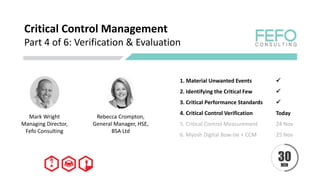 Critical Control Management
Part 4 of 6: Verification & Evaluation
Mark Wright
Managing Director,
Fefo Consulting
1. Material Unwanted Events ✓
2. Identifying the Critical Few ✓
3. Critical Performance Standards ✓
4. Critical Control Verification Today
5. Critical Control Measurement 24 Nov
6. Myosh Digital Bow-tie + CCM 25 Nov
Rebecca Crompton,
General Manager, HSE,
BSA Ltd
 
