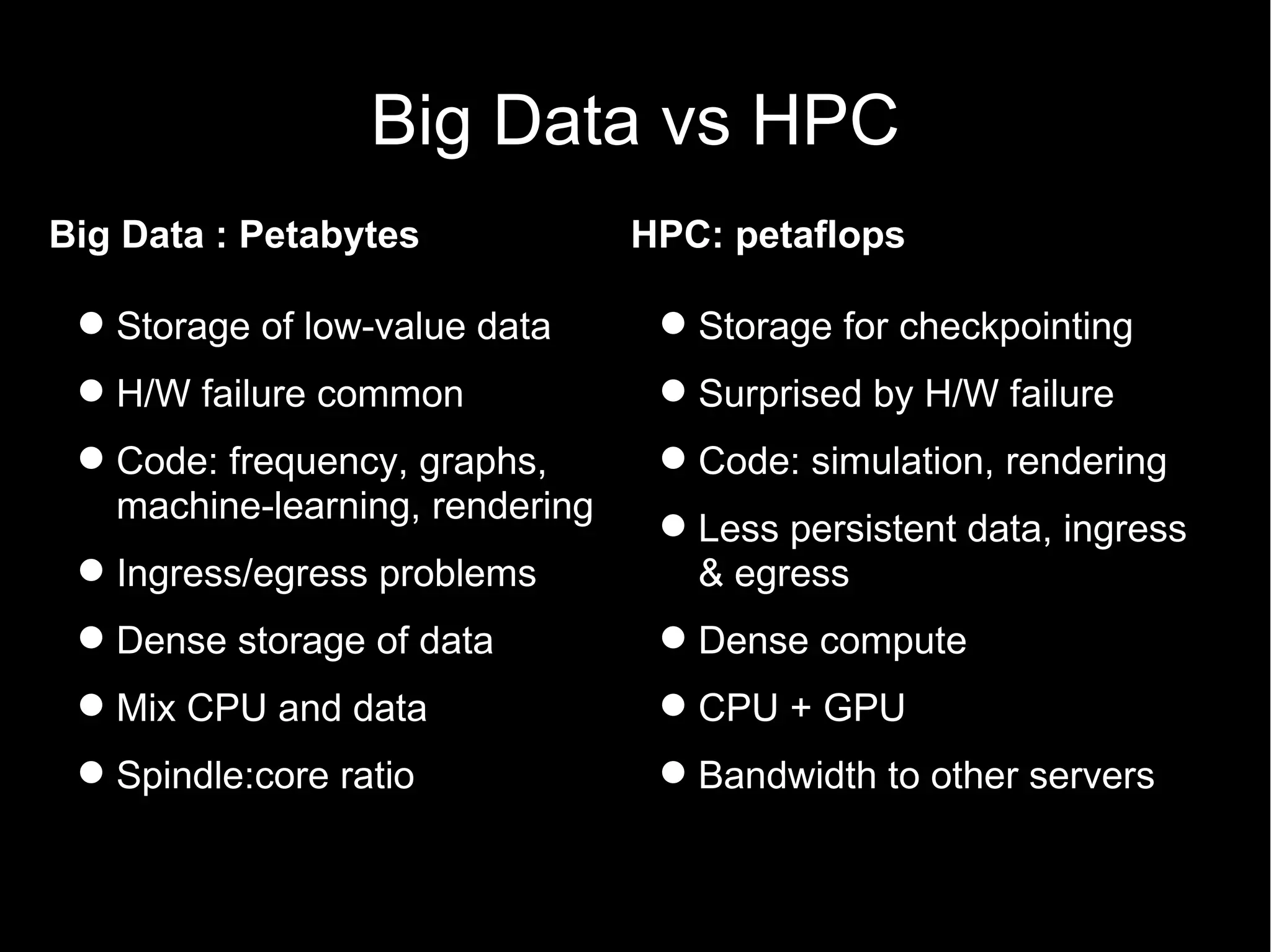 Big Data vs HPC
Big Data : Petabytes             HPC: petaflops

  Storage of low-value data       Storage for checkpointing
  H/W failure common              Surprised by H/W failure
  Code: frequency, graphs,        Code: simulation, rendering
   machine-learning, rendering
                                   Less persistent data, ingress
  Ingress/egress problems          & egress
  Dense storage of data           Dense compute
  Mix CPU and data                CPU + GPU
  Spindle:core ratio              Bandwidth to other servers
 