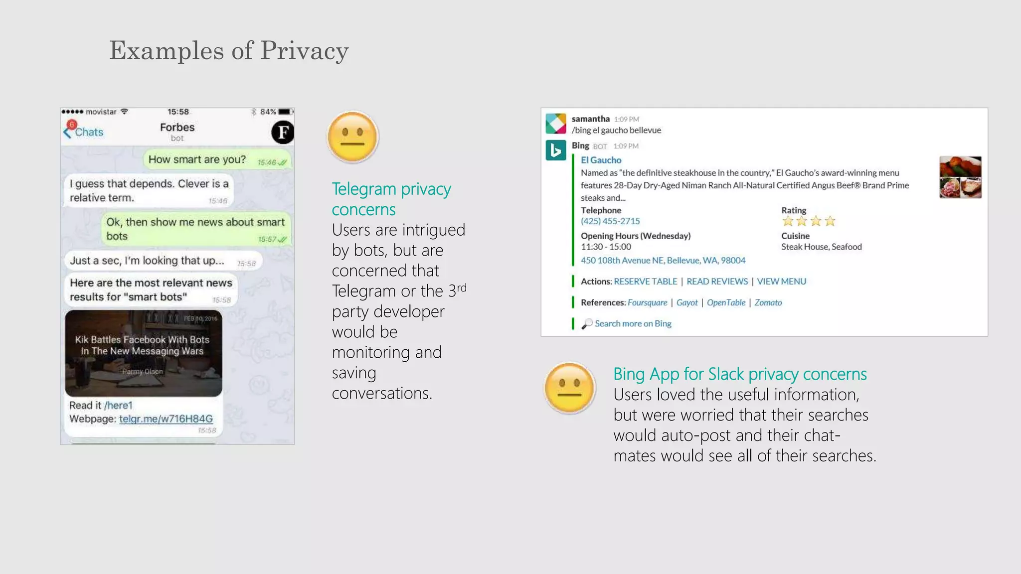 Examples of Privacy
Telegram privacy
concerns
Users are intrigued
by bots, but are
concerned that
Telegram or the 3rd
party developer
would be
monitoring and
saving
conversations.
Bing App for Slack privacy concerns
Users loved the useful information,
but were worried that their searches
would auto-post and their chat-
mates would see all of their searches.
 