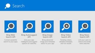 KnowledgeSearch
Bing Web
Search API
Connect powerful
search to your apps
Bing Video
Search API
Trending videos,
detailed metadata,
and rich results
Bing Autosuggest
API
Give your app
intelligent autosuggest
options for searches
Bing Image
Search API
Bring advanced
image and metadata
search to your app
Bing News
Search API
Link your users to
robust and timely
news searches
 
