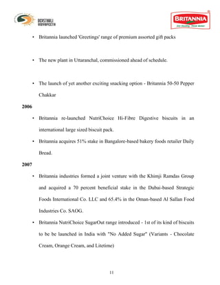 • Britannia launched 'Greetings' range of premium assorted gift packs



       • The new plant in Uttaranchal, commissioned ahead of schedule.



       • The launch of yet another exciting snacking option - Britannia 50-50 Pepper

          Chakkar

2006

       • Britannia re-launched NutriChoice Hi-Fibre Digestive biscuits in an

          international large sized biscuit pack.

       • Britannia acquires 51% stake in Bangalore-based bakery foods retailer Daily

          Bread.

2007

       • Britannia industries formed a joint venture with the Khimji Ramdas Group

          and acquired a 70 percent beneficial stake in the Dubai-based Strategic

          Foods International Co. LLC and 65.4% in the Oman-based Al Sallan Food

          Industries Co. SAOG.

       • Britannia NutriChoice SugarOut range introduced - 1st of its kind of biscuits

          to be be launched in India with "No Added Sugar" (Variants - Chocolate

          Cream, Orange Cream, and Litetime)




                                              11
 