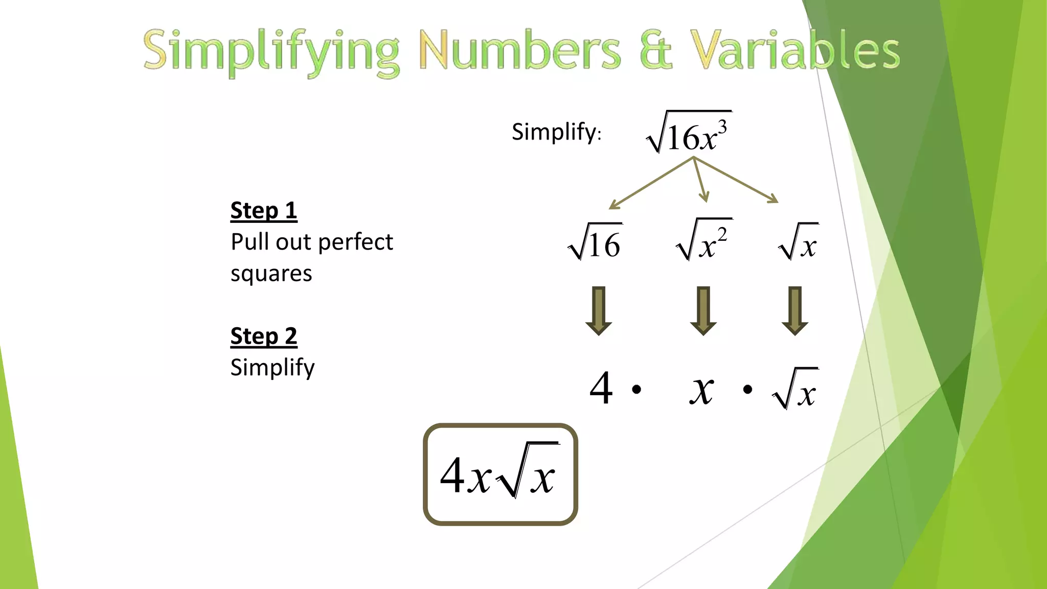 Simplify: 3
16x
Step 1
Pull out perfect
squares
Step 2
Simplify
16 2
x x
x4 x
4x x
 