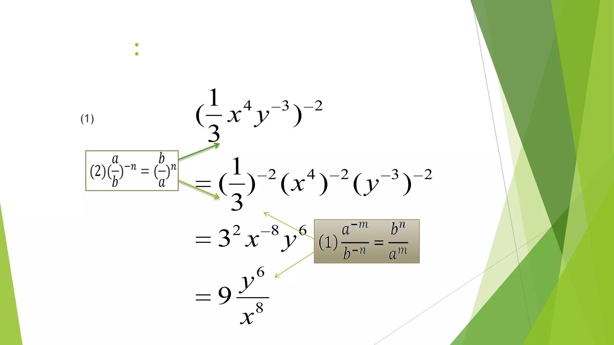 Example :
simplifying negative exponents
(1)
8
6
682
23242
234
9
3
)()()
3
1
(
)
3
1
(
x
y
yx
yx
yx
 