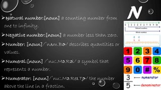 NNatural number:[noun] a counting number from
one to infinity.
Negative number:[noun] a number less than zero.
Number: [noun]/ˈnʌm.Bɚ/ describes quantities or
values.
Numeral:[noun] /ˈnuː.Mə.Rəl/ a symbol that
represents a number.
Numerator: [noun]/ˈnuː.Mə.Reɪ.T̬ɚ/ the number
above the line in a fraction.
 