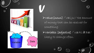 V
Value:[noun] /ˈvæl.Juː/ the amount
of money that can be received for
something
Variable: [adjective] /ˈveə.Ri.Ə.Bəl/
likely to change often.
 
