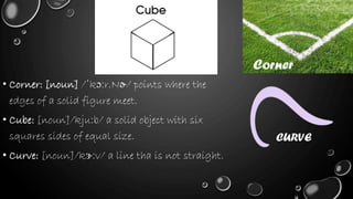 • Corner: [noun] /ˈkɔːr.Nɚ/ points where the
edges of a solid figure meet.
• Cube: [noun]/kjuːb/ a solid object with six
squares sides of equal size.
• Curve: [noun]/kɝːv/ a line tha is not straight.
Corner
CURVE
 