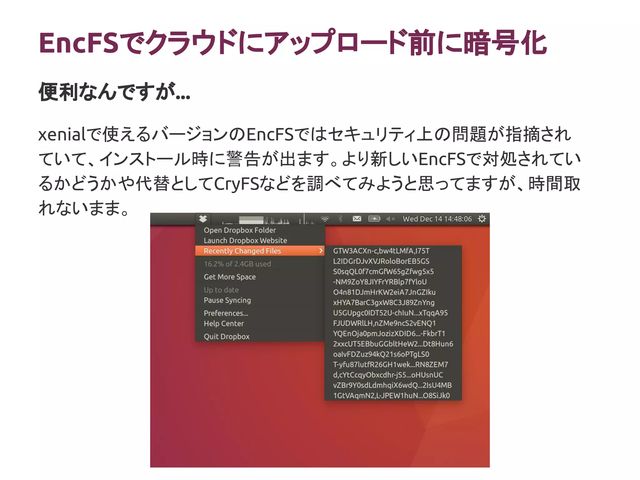 EncFSでクラウドにアップロード前に暗号化
xenialで使えるバージョンのEncFSではセキュリティ上の問題が指摘され
ていて、インストール時に警告が出ます。より新しいEncFSで対処されてい
るかどうかや代替としてCryFSなどを調べてみようと思ってますが、時間取
れないまま。
便利なんですが...
 