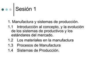 1. Manufactura y sistemas de producción.
1.1 Introducción al concepto, y la evolución
de los sistemas de productivos y los
estándares del mercado.
1.2 Los materiales en la manufactura
1.3 Procesos de Manufactura
1.4 Sistemas de Producción.
Sesión 1
 