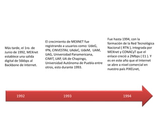 1992 1993 1994
Más tarde, el 1ro. de
Junio de 1992, MEXnet
establece una salida
digital de 56kbps al
Backbone de Internet.
El crecimiento de MEXNET fue
registrando a usuarios como: UdeG,
IPN, CINVESTAV, UAdeC, UdeM, UAM,
UAG, Universidad Panamericana,
CIMIT, UAP, UA de Chapingo,
Universidad Autónoma de Puebla entre
otros, esto durante 1993.
Fue hasta 1994, con la
formación de la Red Tecnológica
Nacional ( RTN ), integrada por
MEXnet y CONACyT que el
enlace creció a 2Mbps ( E1 ). Y
es en este año que el Internet
se abre a nivel comercial en
nuestro país PIXELnet,
 