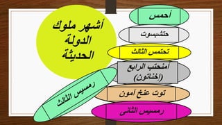 ‫ملوك‬ ‫أشهر‬
‫الدولة‬
‫الحديثة‬
‫أحمس‬
‫حتشبسوت‬
‫الثالث‬ ‫تحتمس‬
‫الرابع‬ ‫أمنحتب‬
(
‫إخناتون‬
)
‫آمون‬ ‫عنخ‬ ‫توت‬
‫الثانى‬ ‫رمسيس‬
 