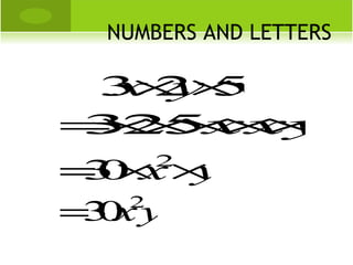NUMBERS AND LETTERS

 3×y 5
 x 2×x
= 2 × xy
3 × x ×
 ×5 ×
=0 x ×
 3× y2


=0 y
 3x2
 