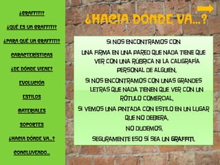 ¿Graffiti?

 ¿Qué es un graffiti?

¿Para qué un graffiti?            Si nos encontramos con

  Características         una firma en una pared que nada tiene que
                              ver con una rúbrica ni la caligrafía
  ¿De dónde viene?                    personal de alguien,

      Evolución            si nos encontramos con unas grandes
                             letras que nada tienen que ver con un
       estilos                         rótulo comercial,
     Materiales          si vemos una pintada con estilo en un lugar
                                         que no debiera,
      soportes
                                        no dudemos,
  ¿Hacia dónde va…?          seguramente eso sí sea un graffiti.

   Concluyendo…
 