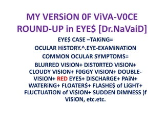 MY VERSiON 0F ViVA-V0CE
ROUND-UP in EYE$ [Dr.NaVaiD]
EYE$ CASE –TAKiNG=
OCULAR HiSTORY.^.EYE-EXAMiNATiON
COMMON OCULAR SYMPTOMS=
BLURRED VISION+ DIST0RTED VISION+
CLOUDY VISION+ F0GGY VISION+ DOUBLEVISION+ RED EYES+ DISCHARGE+ PAiN+
WATERiNG+ FLOATER$+ FLASHE$ of LiGHT+
FLUCTUATiON of Vi$ION+ SUDDEN DiMNESS )f
ViSiON, etc.etc.

 