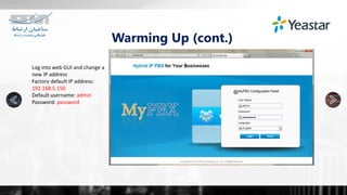 Warming Up (cont.)
Log into web GUI and change a
new IP address
Factory default IP address:
192.168.5.150
Default username: admin
Password: password
 