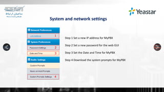 System and network settings
Step 1 Set a new IP address for MyPBX
Step 2 Set a new password for the web GUI
Step 3 Set the Date and Time for MyPBX
Step 4 Download the system prompts for MyPBX
 