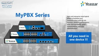 High end enterprise level hybrid
IPPBX to facilitate your
communication with its rich
function, powerful performance,
wide interoperability, great
customizability, and easy
administration.
All you need in
one device !!!
MyPBX Series
3
 