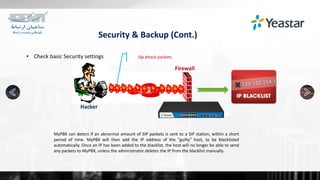 Security & Backup (Cont.)
• Check basic Security settings
Hacker
Firewall
Sip attack packets
MyPBX can detect if an abnormal amount of SIP packets is sent to a SIP station, within a short
period of time. MyPBX will then add the IP address of the “guilty” host, to be blacklisted
automatically. Once an IP has been added to the blacklist, the host will no longer be able to send
any packets to MyPBX, unless the administrator deletes the IP from the blacklist manually.
 
