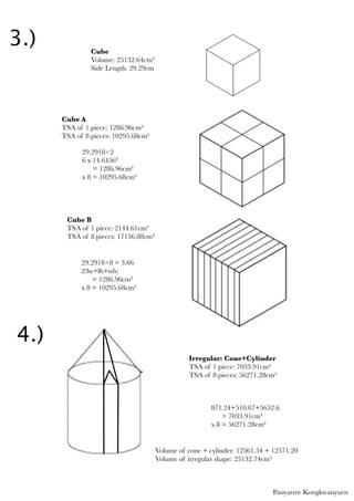 3.)            Cube
               Volume: 25132.64cm³
               Side Length: 29.29cm




      Cube A
      TSA of 1 piece: 1286.96cm²
      TSA of 8 pieces: 10295.68cm²

            29.2918÷2
            6 x 14.6456²
                = 1286.96cm²
            x 8 = 10295.68cm²




       Cube B
       TSA of 1 piece: 2144.61cm²
       TSA of 8 pieces: 17156.88cm²


            29.2918÷8 = 3.66
            2(lw+lh+wh)
                = 1286.96cm²
            x 8 = 10295.68cm²




4.)
                                                Irregular: Cone+Cylinder
                                                TSA of 1 piece: 7033.91cm²
                                                TSA of 8 pieces: 56271.28cm²



                                                        871.24+510.07+5652.6
                                                            = 7033.91cm²
                                                        x 8 = 56271.28cm²


                                      Volume of cone + cylinder: 12561.54 + 12571.20
                                      Volume of irregular shape: 25132.74cm³



                                                                           Panyatree Kongkwanyuen
 