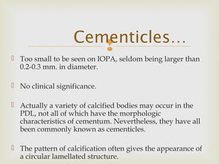 
 Too small to be seen on IOPA, seldom being larger than
0.2-0.3 mm. in diameter.
 No clinical significance.
 Actually a variety of calcified bodies may occur in the
PDL, not all of which have the morphologic
characteristics of cementum. Nevertheless, they have all
been commonly known as cementicles.
 The pattern of calcification often gives the appearance of
a circular lamellated structure.
Cementicles…
 