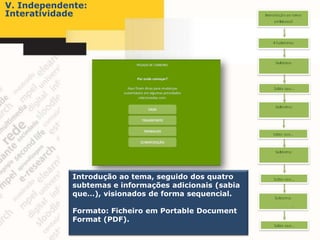 V. Independente:
Interatividade




             Introdução ao tema, seguido dos quatro
             subtemas e informações adicionais (sabia
             que…), visionados de forma sequencial.

             Formato: Ficheiro em Portable Document
             Format (PDF).
 