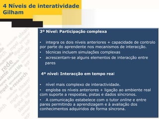 4 Níveis de interatividade
Gilham


            3º Nível: Participação complexa

            • integra os dois níveis anteriores + capacidade de controlo
            por parte do aprendente nos mecanismos de interacção.
            • técnicas incluem simulações complexas
            • acrescentam-se alguns elementos de interacção entre
              pares

             4º nível: Interacção em tempo real

            • nível mais complexo de interactividade.
            • engloba os níveis anteriores + ligação ao ambiente real
            com suporte a respostas, pistas e dados síncronos.
            • A comunicação estabelece com o tutor online e entre
            pares permitindo a aprendizagem e à avaliação dos
            conhecimentos adquiridos de forma síncrona.
 