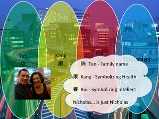 Tan 
陈 
Kang 
康 
Rui 
睿Nicholas 
陈 Tan - Family name 
康 Kang - Symbolizing Health 
睿 Rui - Symbolizing Intellect 
Nicholas... is just Nicholas 
 