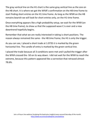 The gray vertical line on the H1 chart is the same gray vertical line as the one on
the H8 chart. It is where we got the W%R’s confirmation on the H8 time frame to
start finding short entries on the H1 time frame. As long as the W%R on the H8
remains bearish we will look for short entries only, on the H1 time frame.

Once everything appears like a high probability setup, we wait for the W%R (on
the H8 time frame), to show us that the supposed wave C is over and a new
downtrend hopefully begins.

Remember that what we are really interested in taking is short positions. The
reason always remained the same - the H8 time frame; the H1 is only the trigger.

As you can see, I placed a short trade at 1.0735 it is marked by the green
horizontal line. The candle of entry is marked by the green vertical line.

I placed the trade because all 3 conditions were met and I pulled the trigger after
the W%R crossed the -50 on its way down. I did not wait for the W%R to reach the
extreme, because this pattern appeared like a correction that retraced almost
78.6%.




        Join a 4 hours live webinar (studying this book plus insights) every second Saturday of the month.
                                 http://www.ecurrencytradinginfo.com/webinar
 