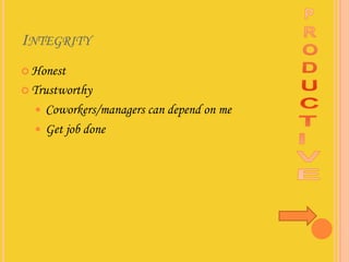 INTEGRITY
 Honest

 Trustworthy

   Coworkers/managers can depend on me
   Get job done
 