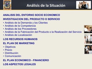 Análisis de la Situación<br />ANALISIS DEL ENTORNO SOCIO ECONOMICO<br />INVESTIGACION DEL PRODUCTO O SERVICIO<br /><ul><li...
