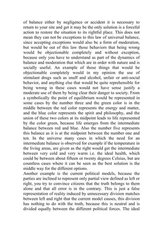 of balance either by negligence or accident it is necessary to
return to your site and get it may be the only solution is a forceful
action to restore the situation to its rightful place. This does not
mean they can not be exceptions to this law of universal balance,
since accepting exceptions would also be a form of moderation,
but would be out of this law those behaviors that being wrong
would be objectionable completely and without exception,
because only you have to understand as part of the dynamics of
balance and moderation that which are in order with nature and is
socially useful. An example of those things that would be
objectionable completely would in my opinion the use of
stimulant drugs such as snuff and alcohol, unfair or anti-social
behavior, and anything else that would be quite reprehensible for
being wrong in these cases would not have sense justify a
moderate use of them by being clear their danger to society. From
a symbolically the point of equilibrium would be represented in
some cases by the number three and the green color is in the
middle between the red color represents the energy and matter,
and the blue color represents the spirit and philosophy, and the
union of these two colors at its midpoint leads to life represented
by the color green, because life emerges from the intermediate
balance between red and blue. Also the number five represents
this balance as it is at the midpoint between the number one and
ten. In the universe many cases in which the need for an
intermediate balance is observed for example if the temperature in
the living areas, are given as the right would get the intermediate
between very cold and very warm i.e. the ideal health, which
could be between about fifteen or twenty degrees Celsius, but are
countless cases where it can be seen as the best solution is the
middle way for the different options.
Another example is the current political models, because the
parties are inclined to represent only partial view defined as left or
right, you try to convince citizens that the truth belongs to them
alone and that all error is in the contrary. This is just a false
representation of reality induced by unnecessary division matches
between left and right that the current model causes, this division
has nothing to do with the truth, because this is neutral and is
divided equally between the different political forces. The ideal
 