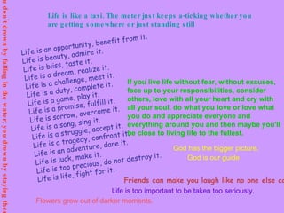 Life is like a taxi. The meter just keeps a-ticking whether you are getting somewhere or just standing still   Life is an opportunity, benefit from it. Life is beauty, admire it. Life is bliss, taste it. Life is a dream, realize it. Life is a challenge, meet it. Life is a duty, complete it. Life is a game, play it. Life is a promise, fulfill it. Life is sorrow, overcome it. Life is a song, sing it. Life is a struggle, accept it. Life is a tragedy, confront it. Life is an adventure, dare it. Life is luck, make it. Life is too precious, do not destroy it. Life is life, fight for it.     If you live life without fear, without excuses, face up to your responsibilities, consider others, love with all your heart and cry with all your soul, do what you love or love what you do and appreciate everyone and everything around you and then maybe you'll be close to living life to the fullest. Friends can make you laugh like no one else can . You don't drown by falling in the water; you drown by staying there God is our guide   God has the bigger picture,   Life is too important to be taken too seriously. Flowers grow out of darker moments. 